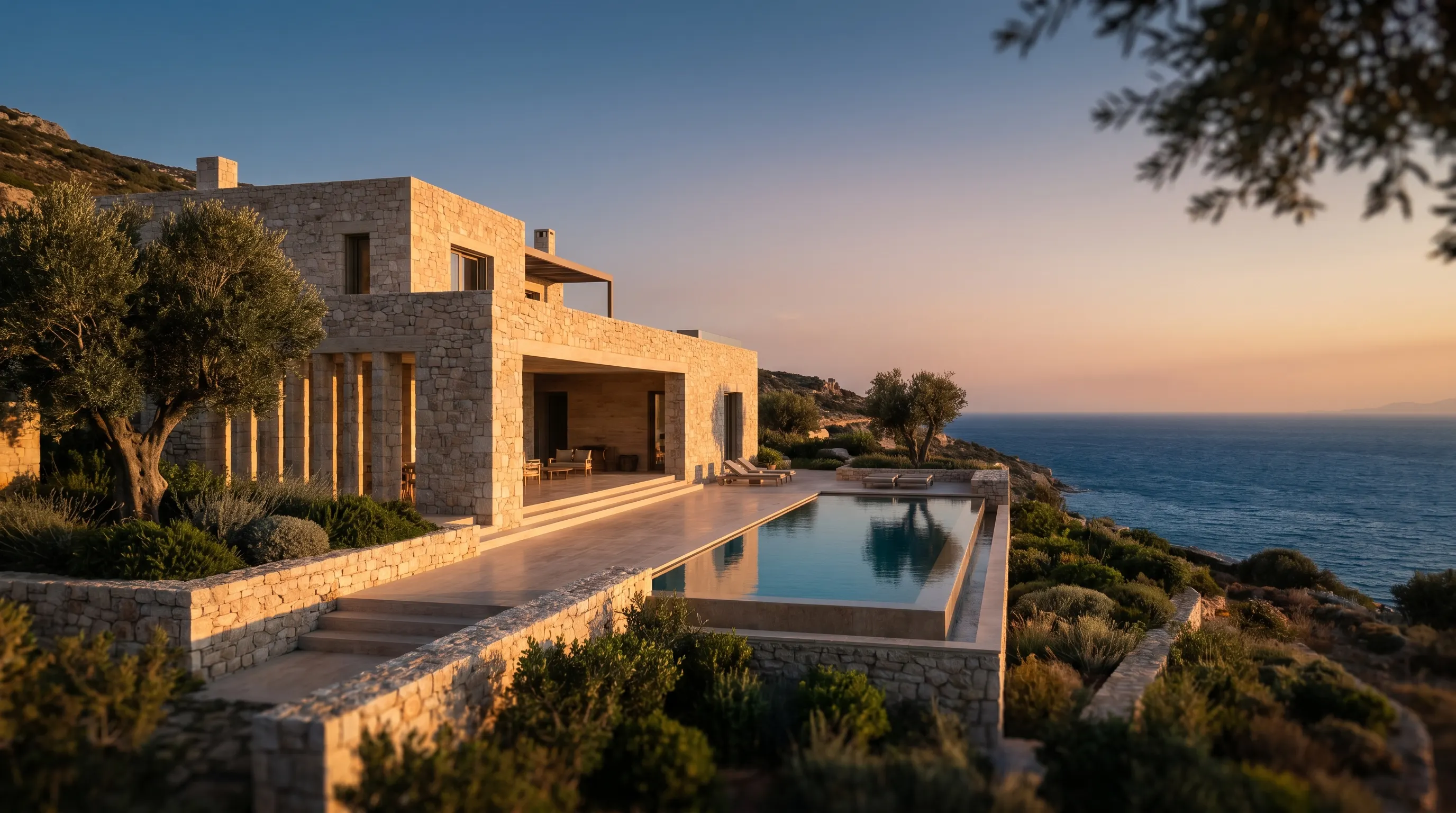 Contemporary Mediterranean villa at golden hour, House of Advanced luxury property campaigns