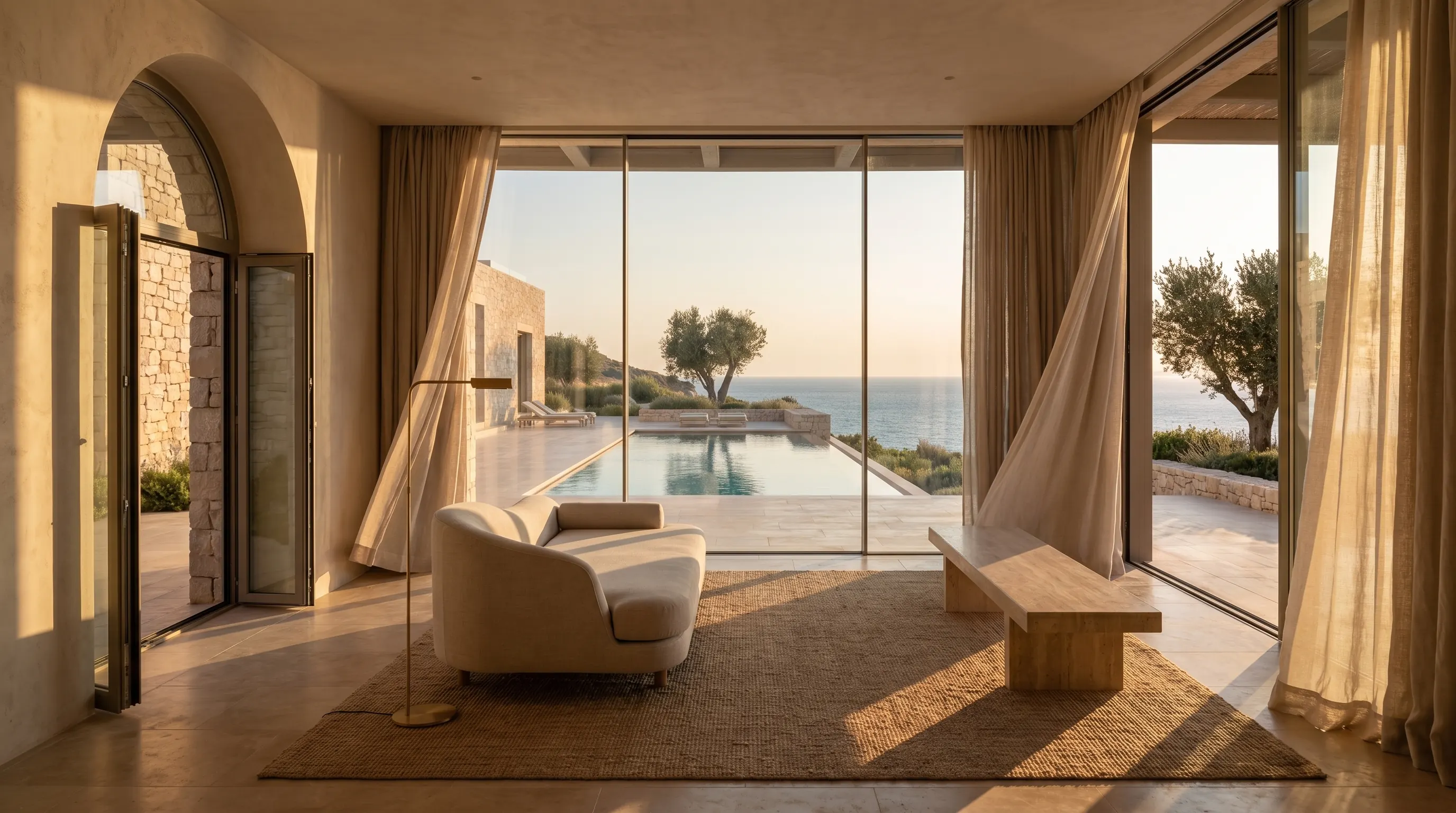 Interior view of a contemporary Mediterranean villa great-room at golden hour, full-height linen curtains drawn open onto the infinity pool terrace, Aegean sea visible past the deck, travertine walls and limestone floor