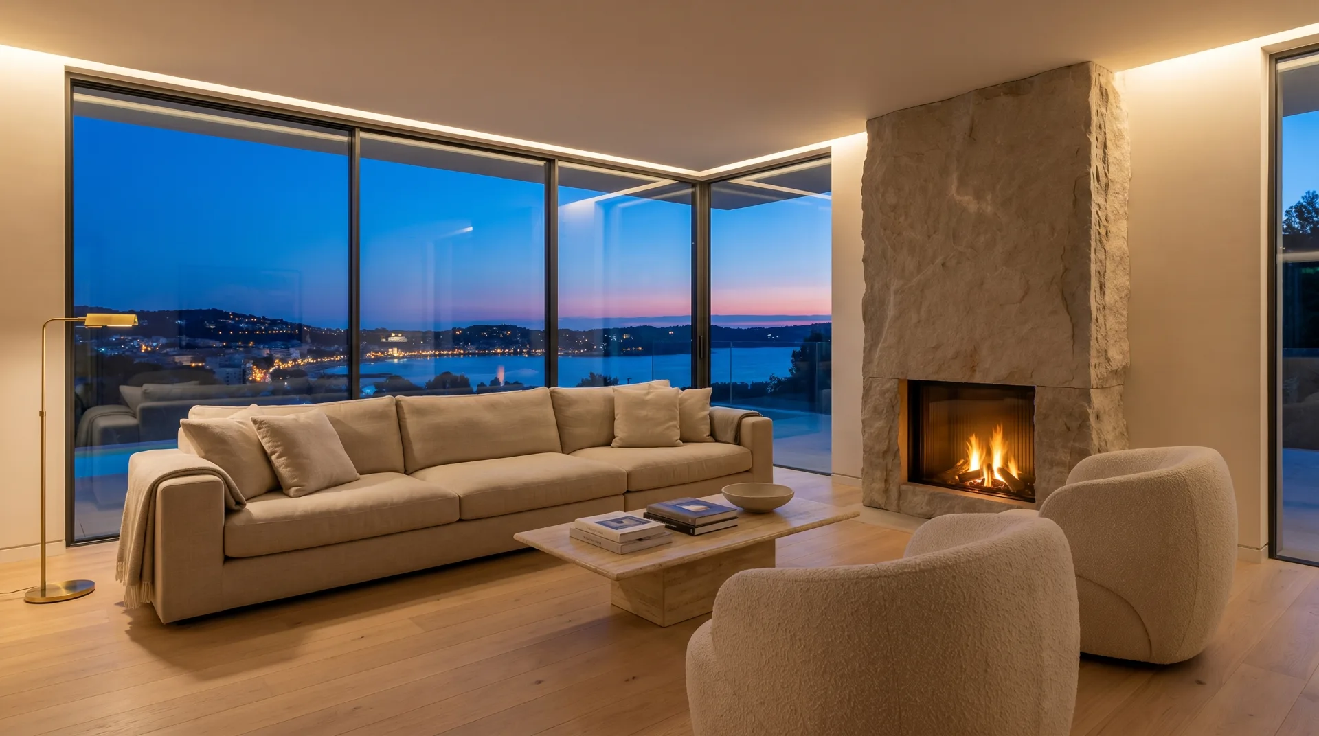 A luxury lounge with floor-to-ceiling glass high above the Mediterranean coastline at blue-hour dusk, House of Advanced Journal