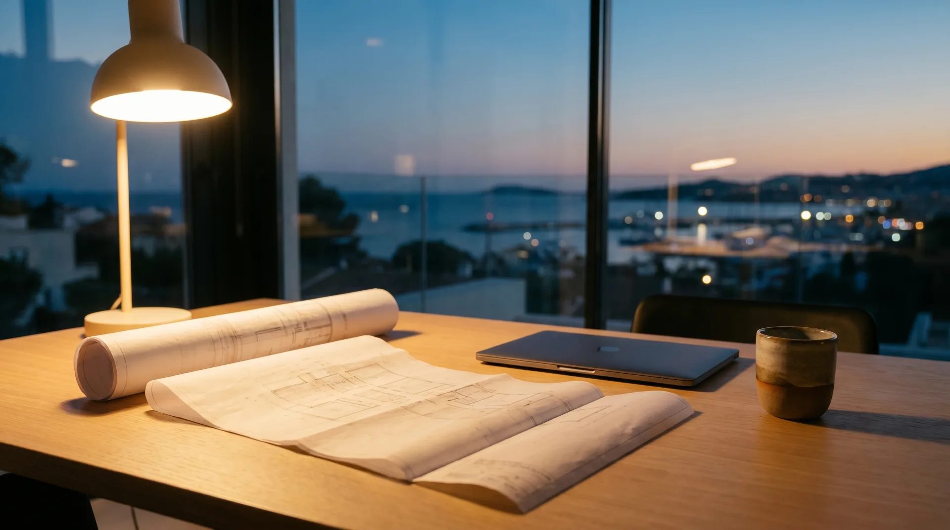 A composed luxury real estate brokerage office at dusk, a long table with plans and a laptop, floor-to-ceiling glass opening onto a Mediterranean view