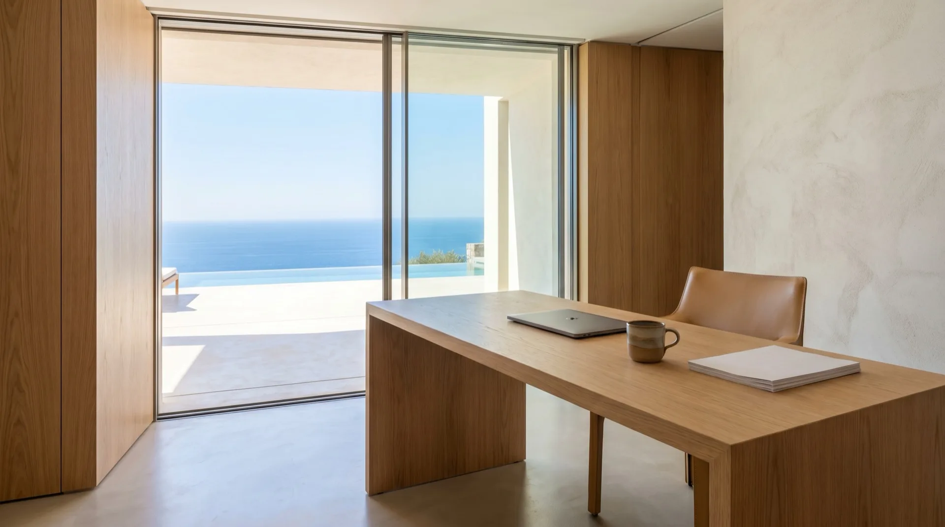 A minimalist light-oak study in a modern Mediterranean villa, glass opening to a terrace above the Aegean, the opening note of the House of Advanced blog