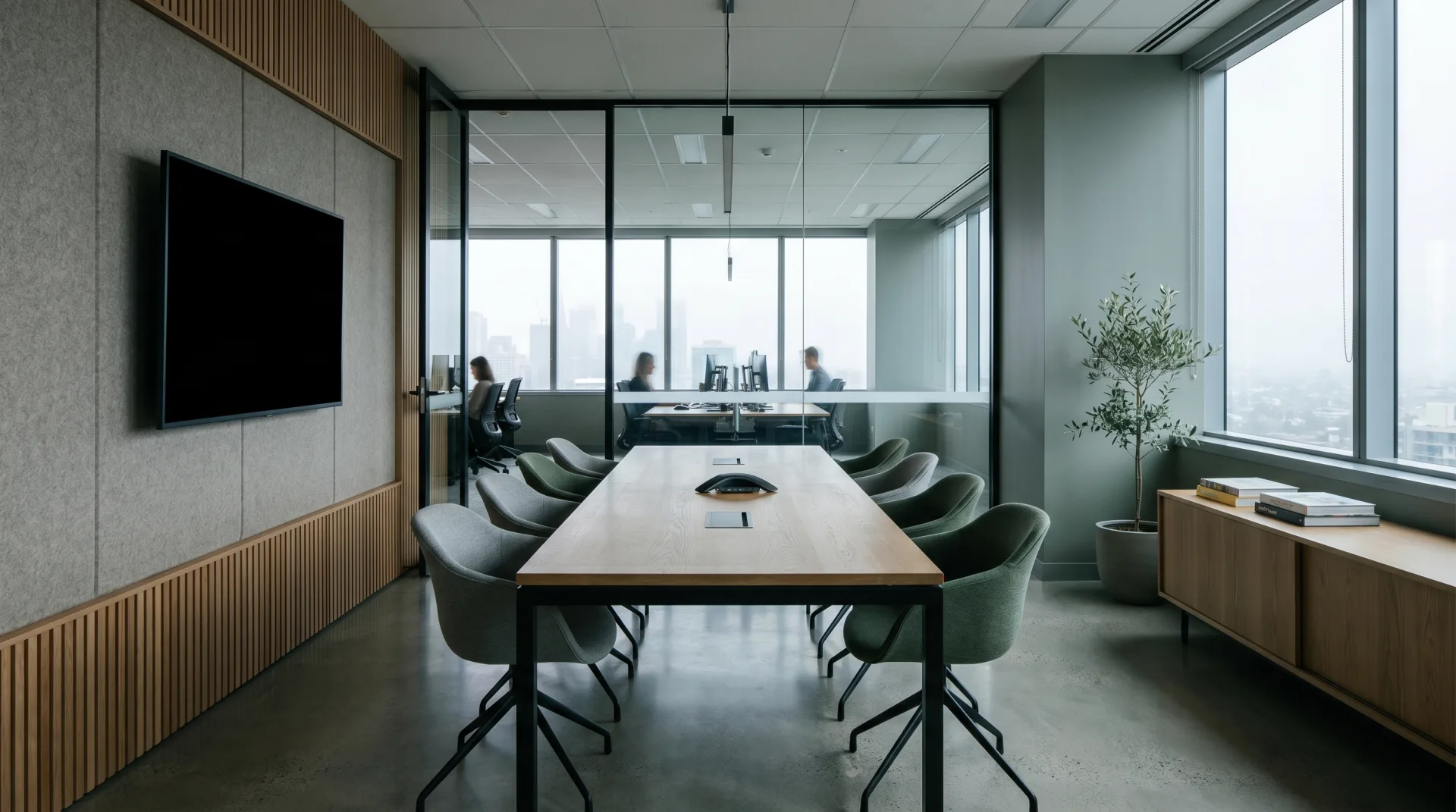 A modern office meeting room with a long oak table and a glass wall onto an open-plan studio