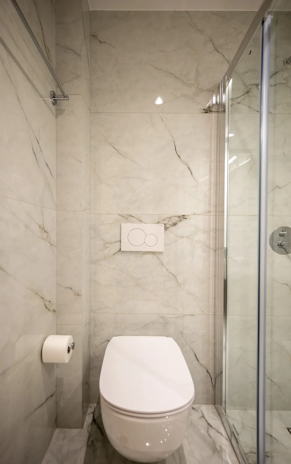 Kitsos Constructions residence, marble bathroom with walk-in shower