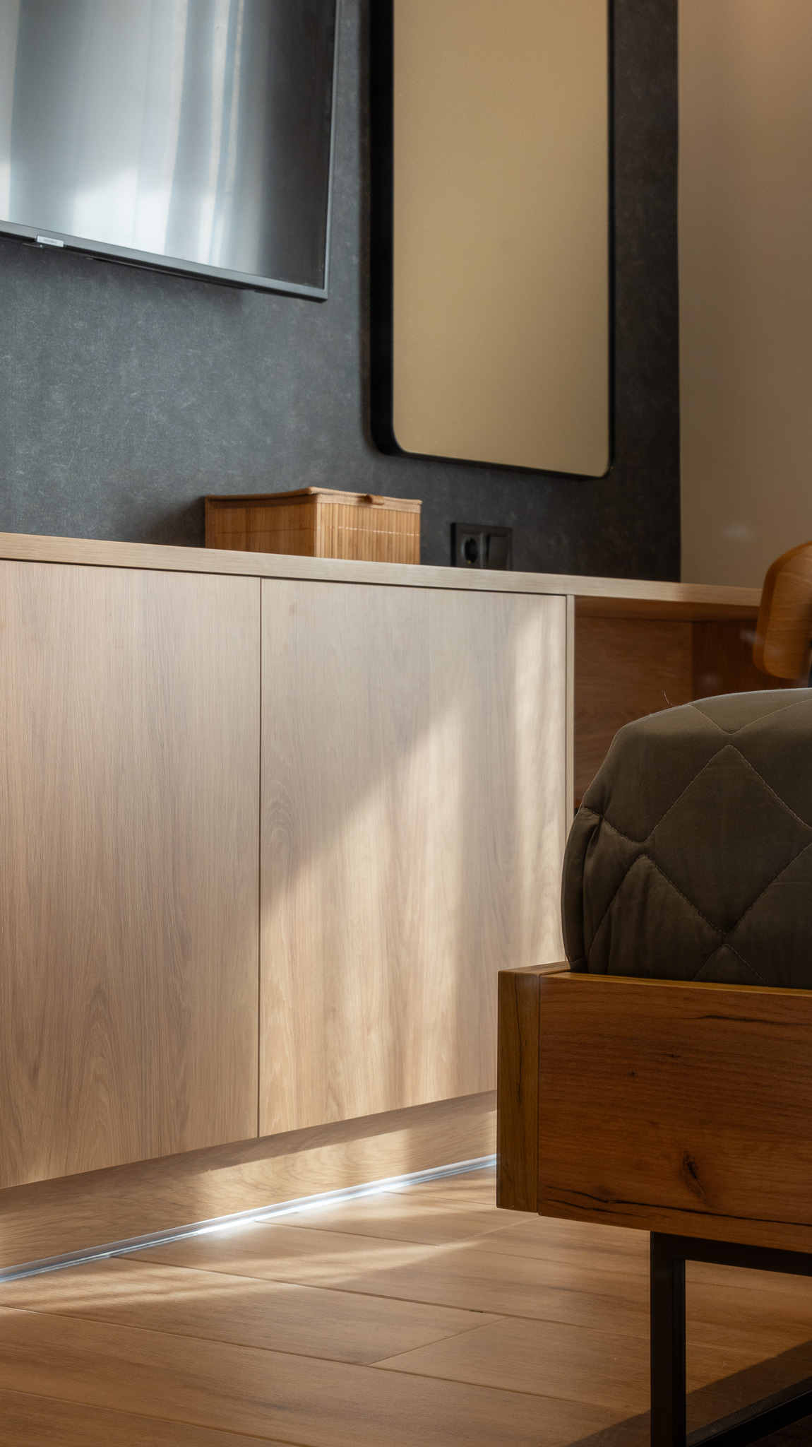 A&K Chorothetisis, bedroom credenza detail with sun-stripe, light oak doors and mirror