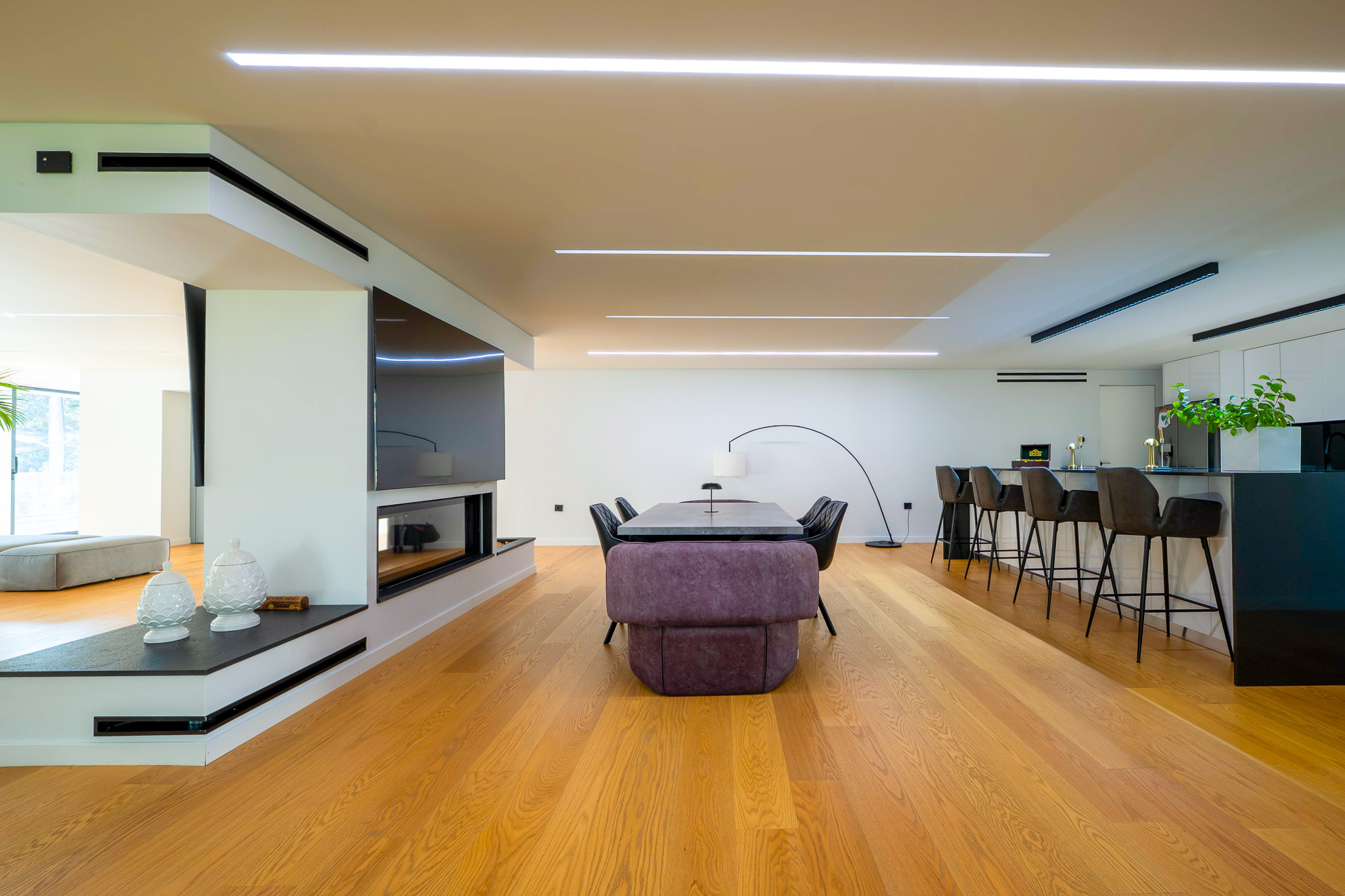 Villa Bond, open-plan living with linear LEDs, fireplace and dining